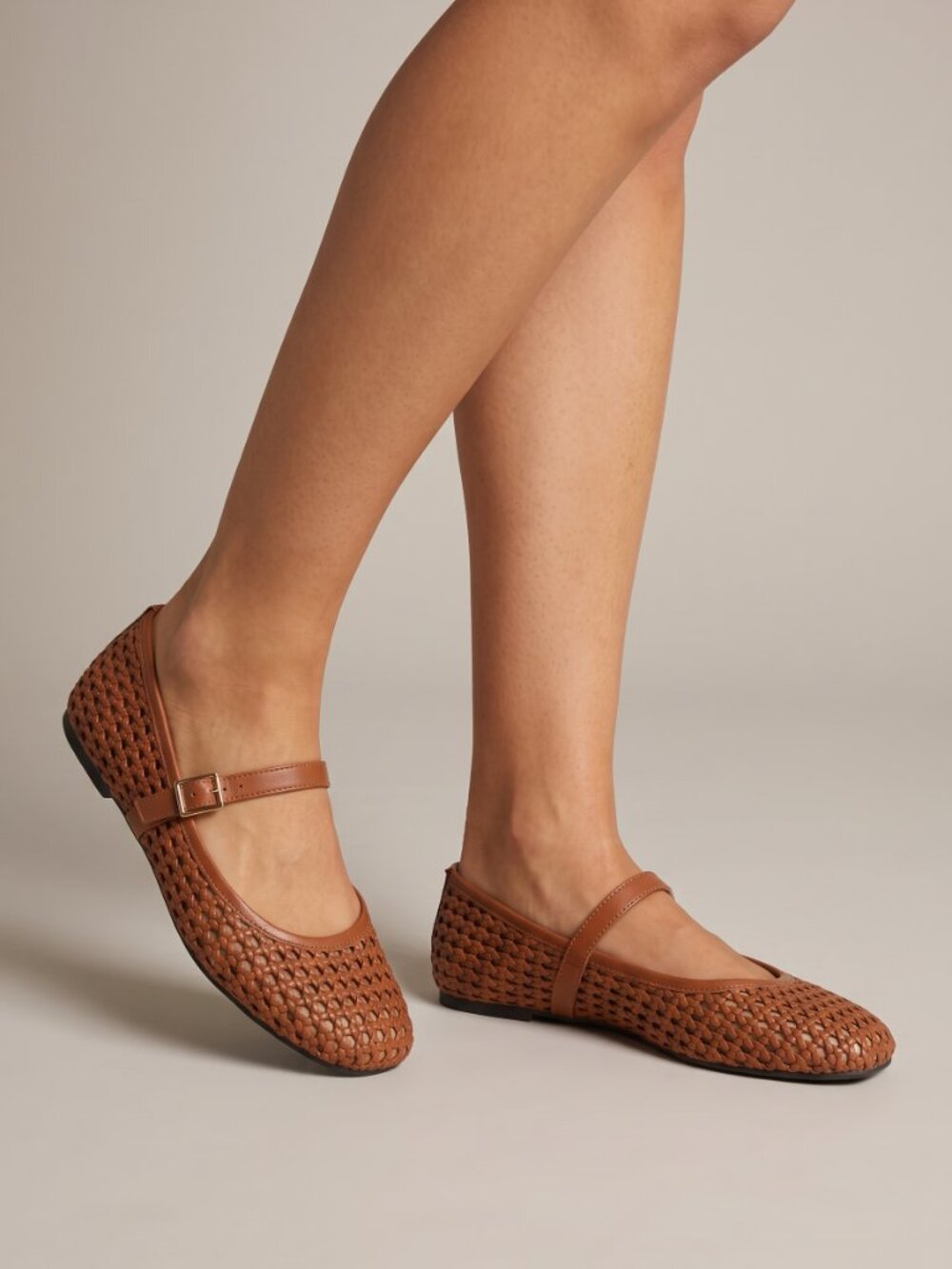 Women's Brown Woven Mary Jane Ballet Flats Square Toe Casual PU Leather Shoes - Picture 2 of 3